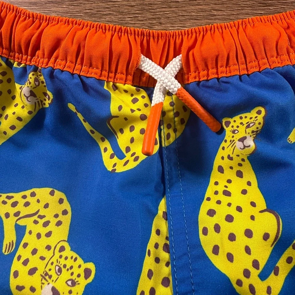 Mini Boden Boys Blue Leopard Print Swim Trunks Shorts Size 9-10Y Mesh Liner